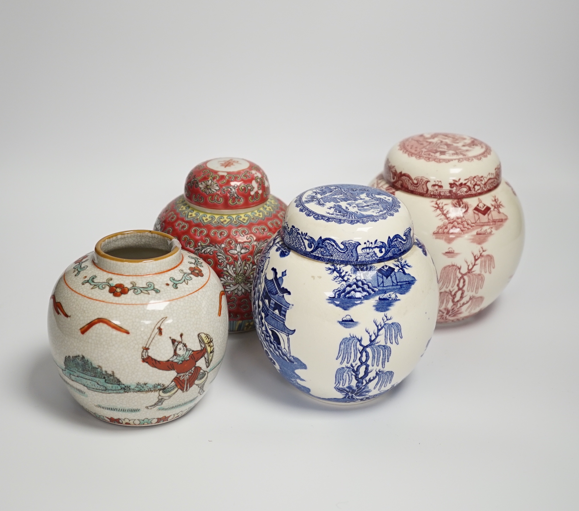 Two Chinese jars, and two Masons ironstone jars, three with covers, tallest 13cm high